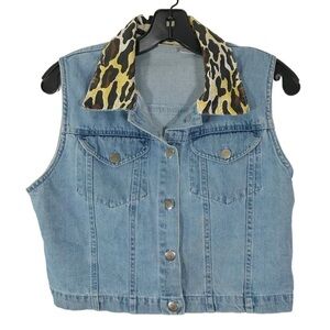 Vintage 90’s Midwest Trader Cropped Denim Vest Western Animal Print Collar Large
